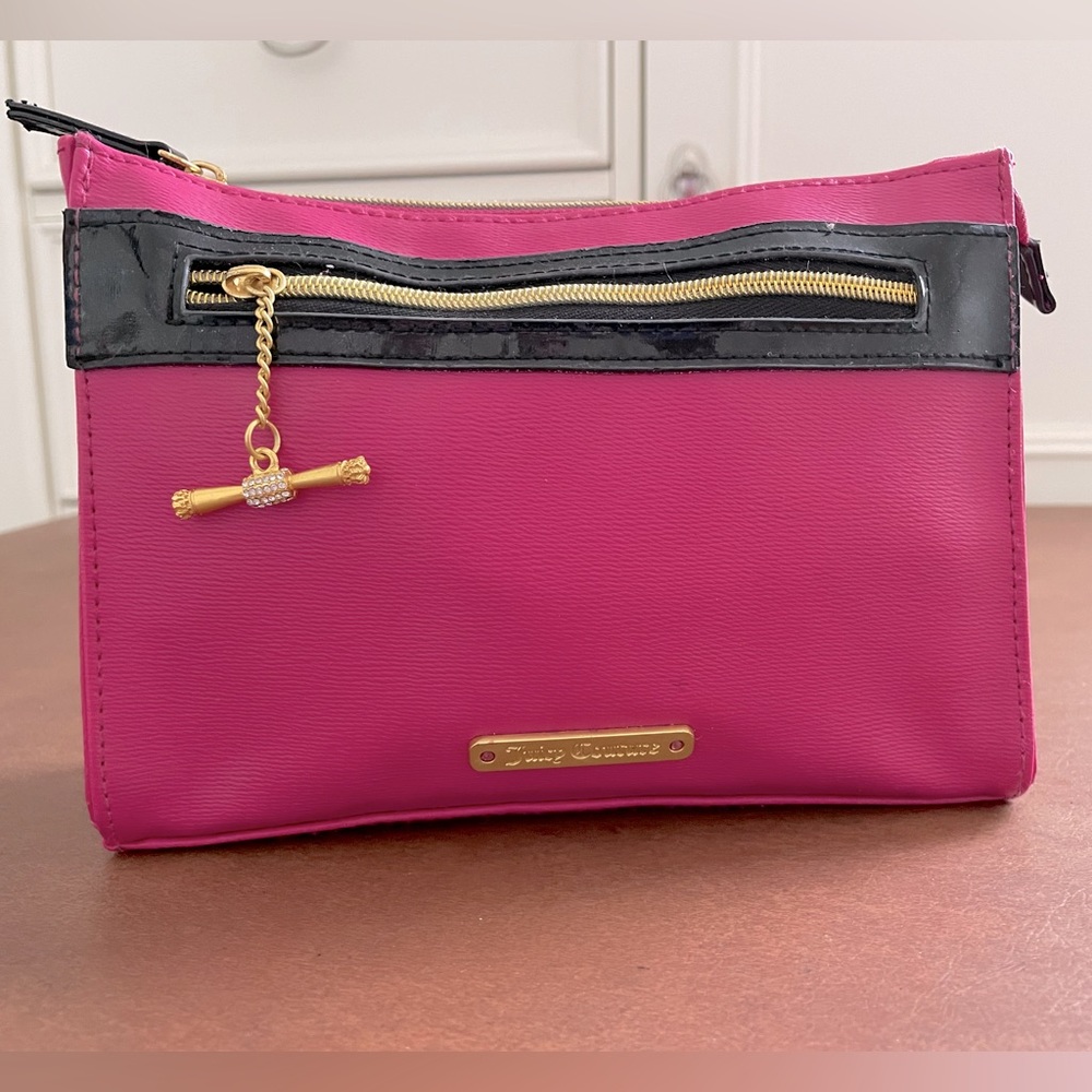Juicy Couture GUC clutch cosmetic bag in fuschia pink, black trim and gold zip